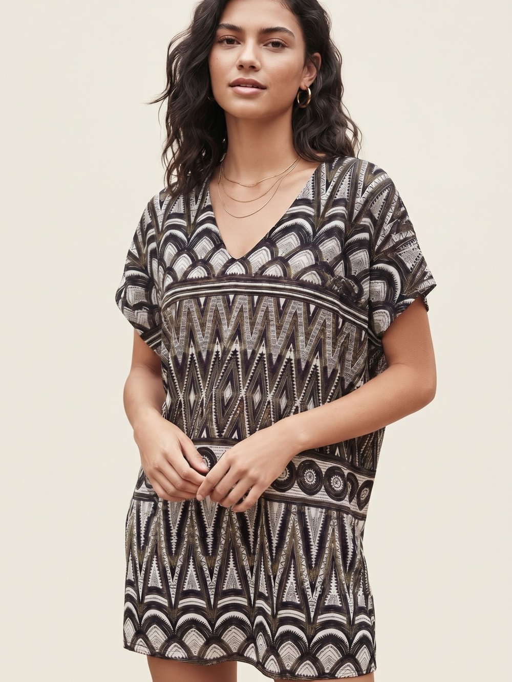 H&M| Black & Tan Tribal Geometric V-Neck Tunic Mini Dress Sz XS